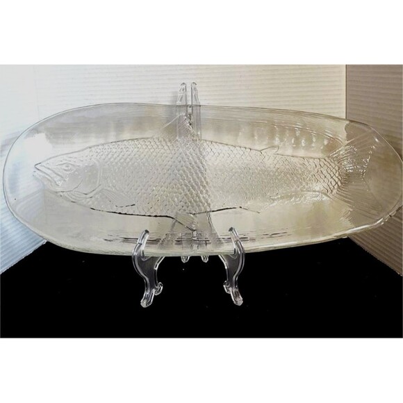 Kosta Boda Crystal Glass Salmon Impressed Fish Design platter 19.5" Scandinavian - Picture 4 of 15